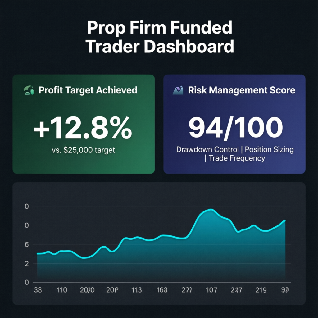 Prop Firm Funded Trader Dashboard showing profit target achieved and risk management score