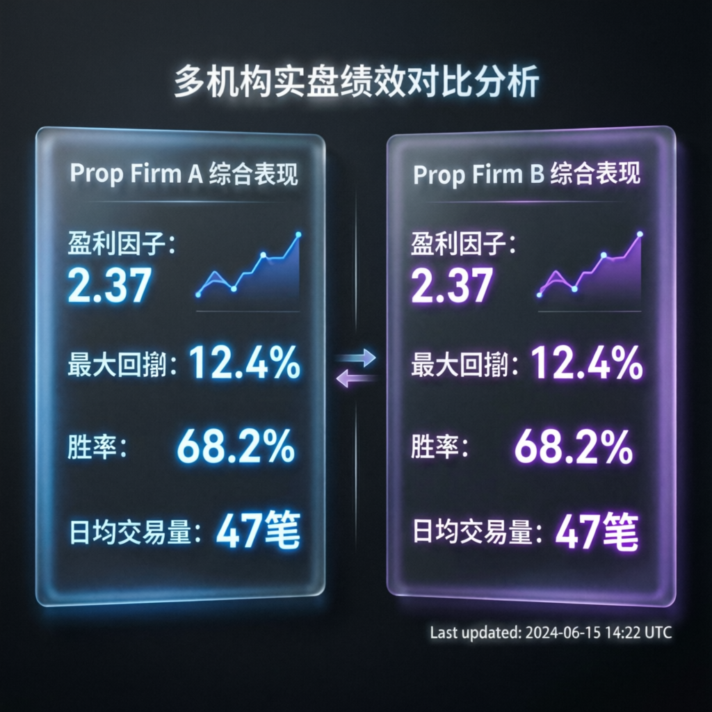 Multi-prop firm performance comparison analytics dashboard with profit factor and win rate metrics