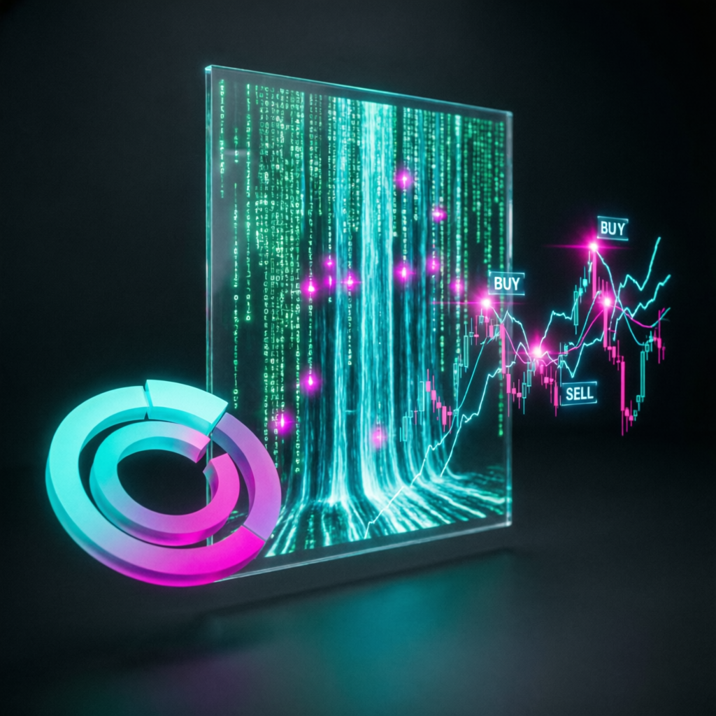 AI algorithm analyzing market patterns with matrix data flow and trading signals visualization