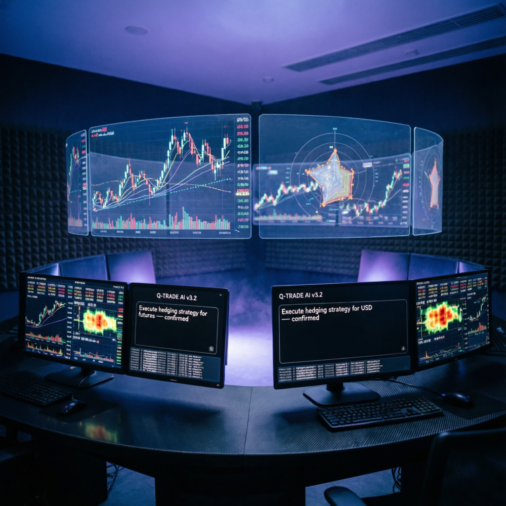 Professional trading command center with multiple holographic monitors showing futures charts and AI analysis