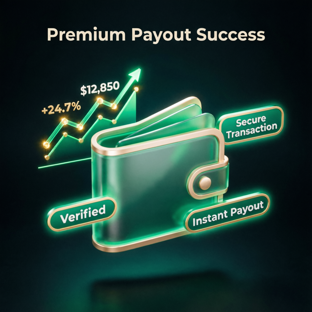 Premium payout success visualization with verified instant payment and profit growth chart