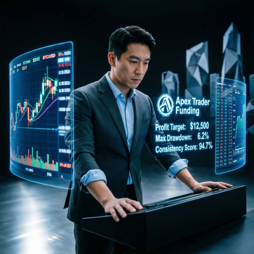 Professional trader working with Apex Trader Funding holographic evaluation metrics dashboard