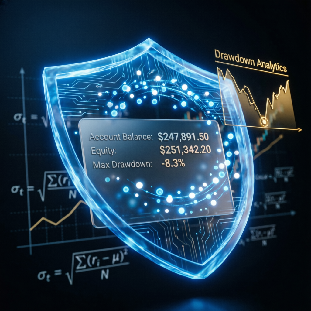 AI-powered risk management shield protecting trading account with drawdown analytics