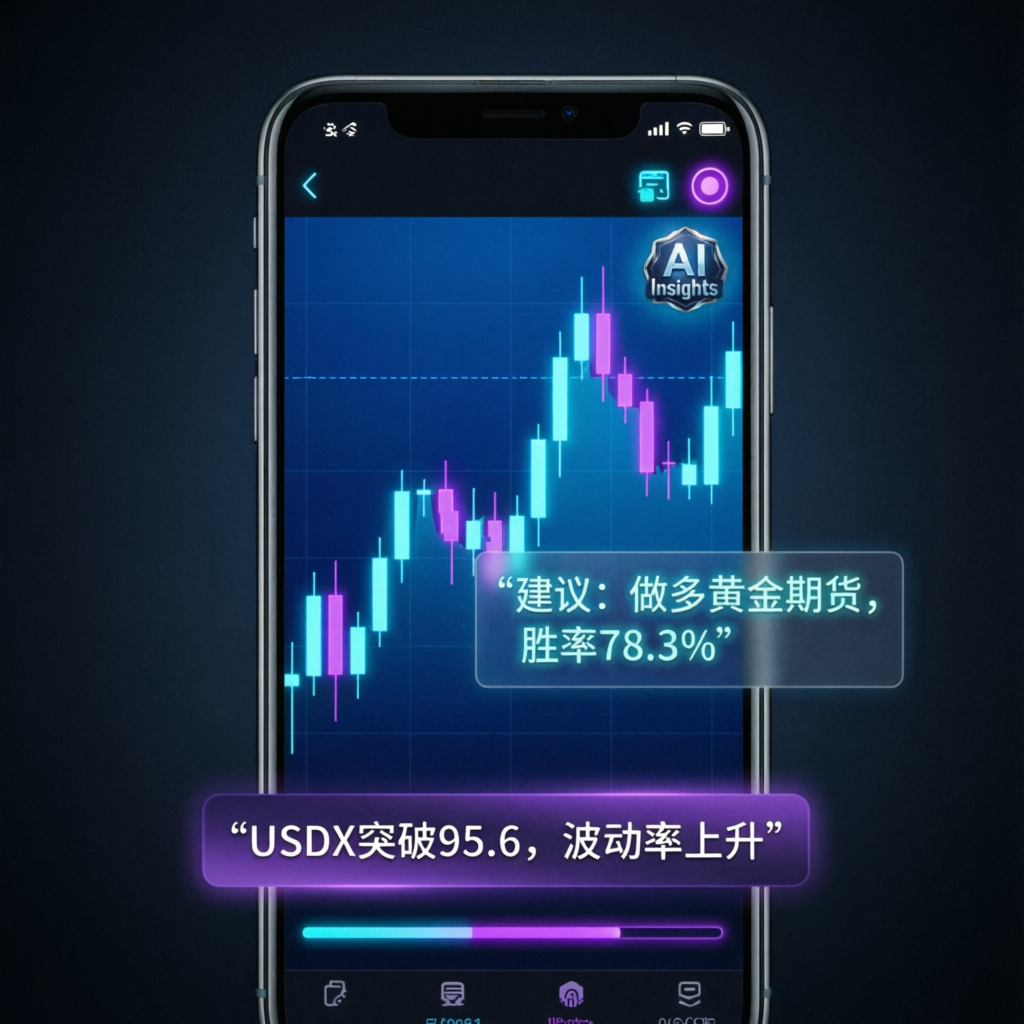 Mobile trading app with AI insights showing futures charts and trading signals