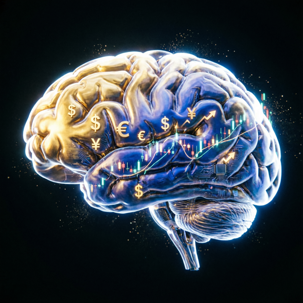 AI brain with currency symbols and trading charts representing algorithmic trading intelligence