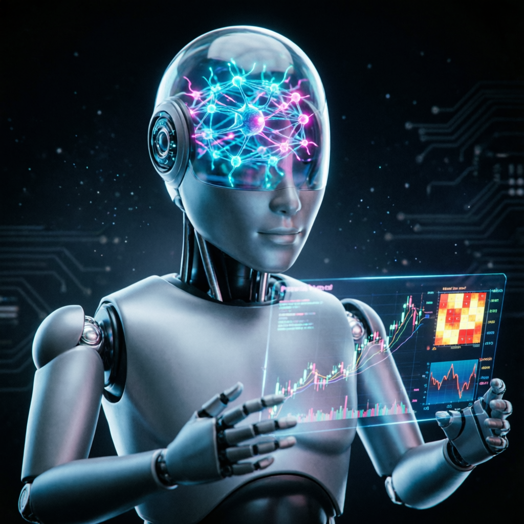 AI robot analyzing forex and futures trading charts with neural network visualization