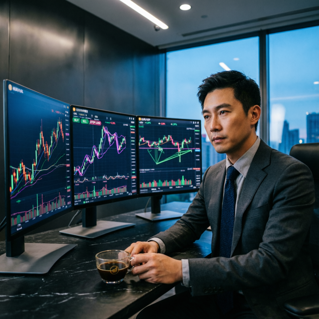 Professional trader analyzing Topstep Trading Combine charts on multiple monitors