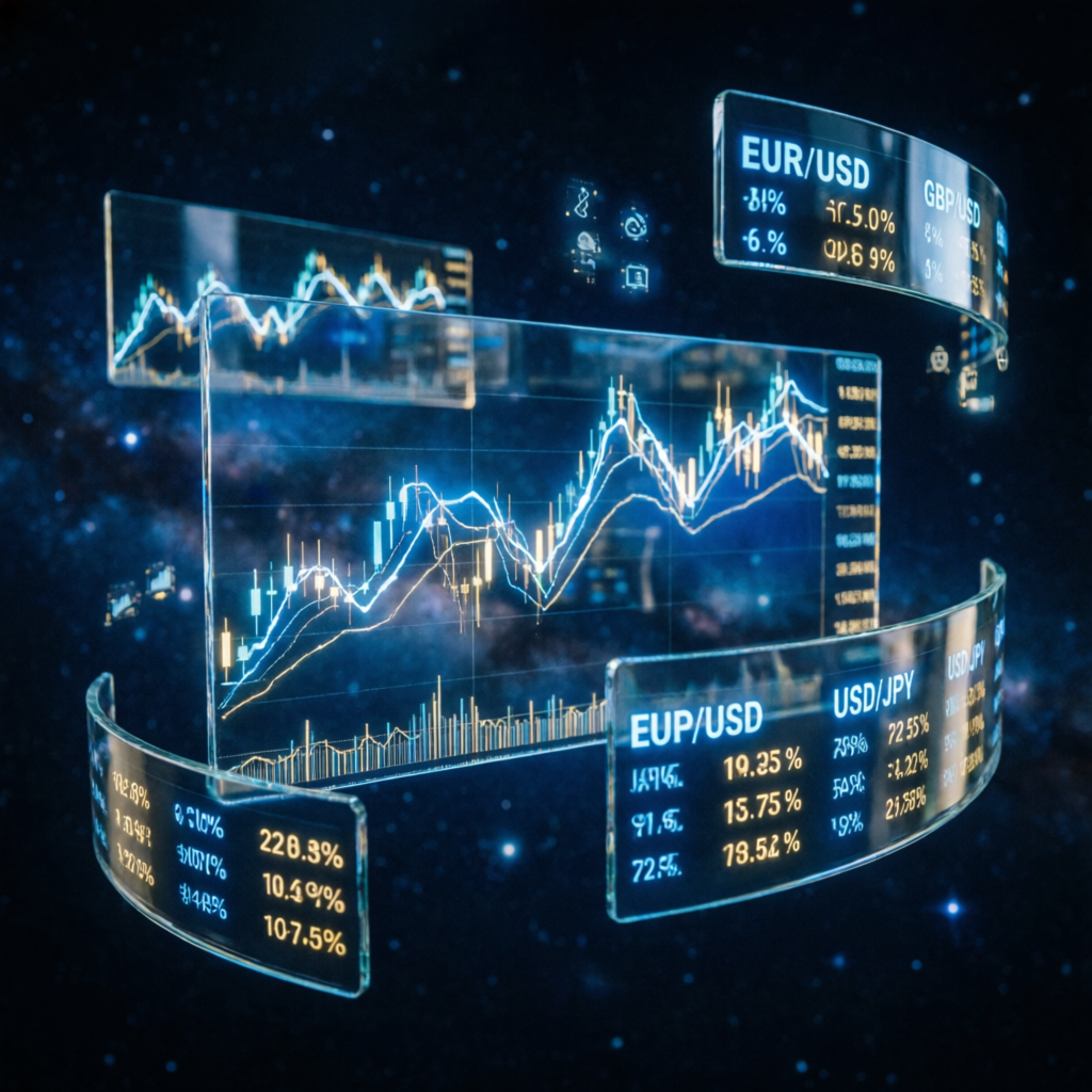 Futuristic forex trading charts with glassmorphism UI showing Topstep Trading Combine rules