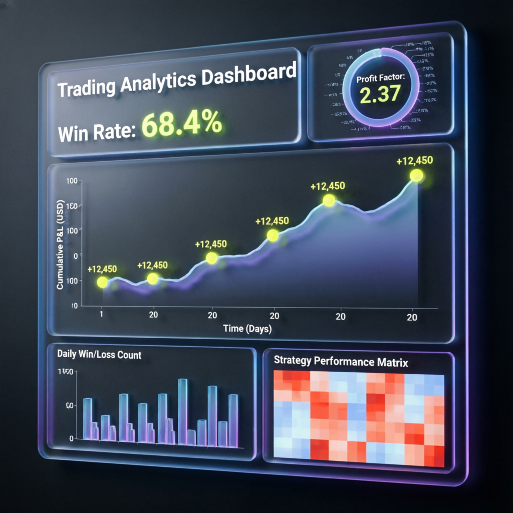 Trading analytics dashboard showing consistent profits and high win rate