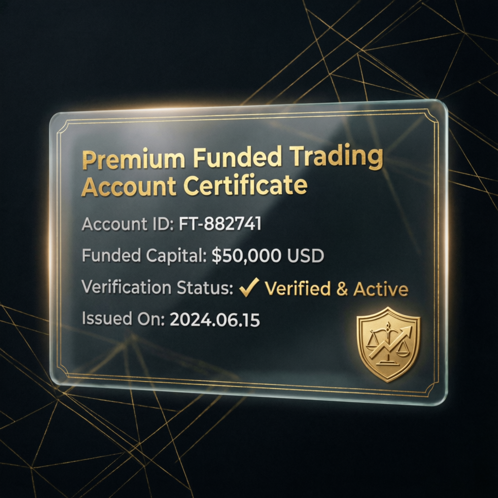 Premium funded trading account certificate showing verified Topstep account
