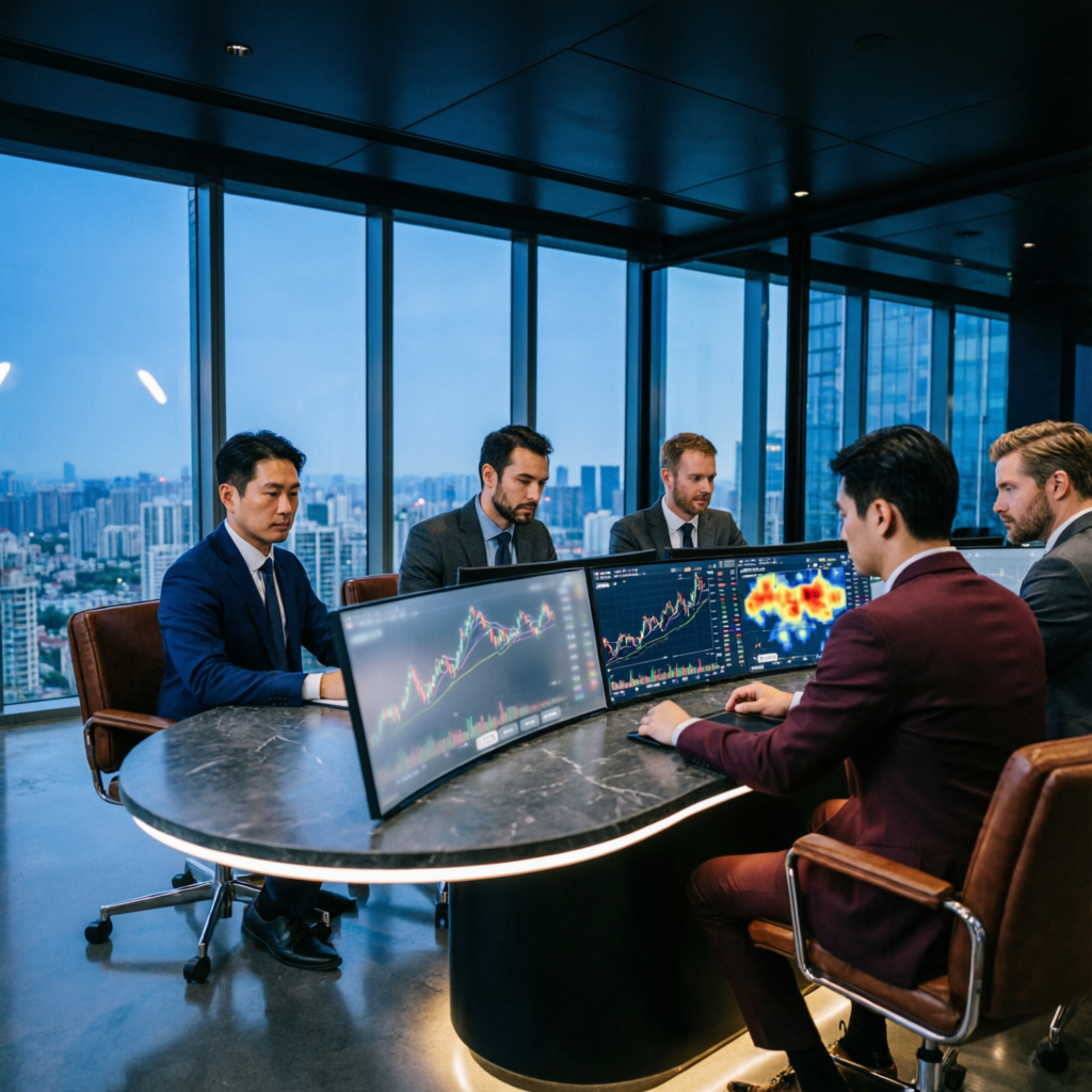 Professional prop firm trading team collaborating on account management strategies