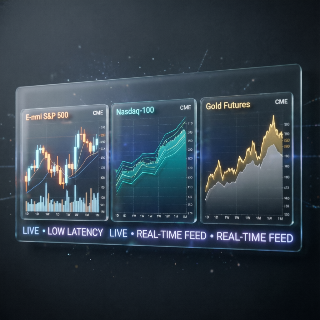 E-mini S&P 500, Nasdaq-100, and Gold Futures charts for Topstep trading