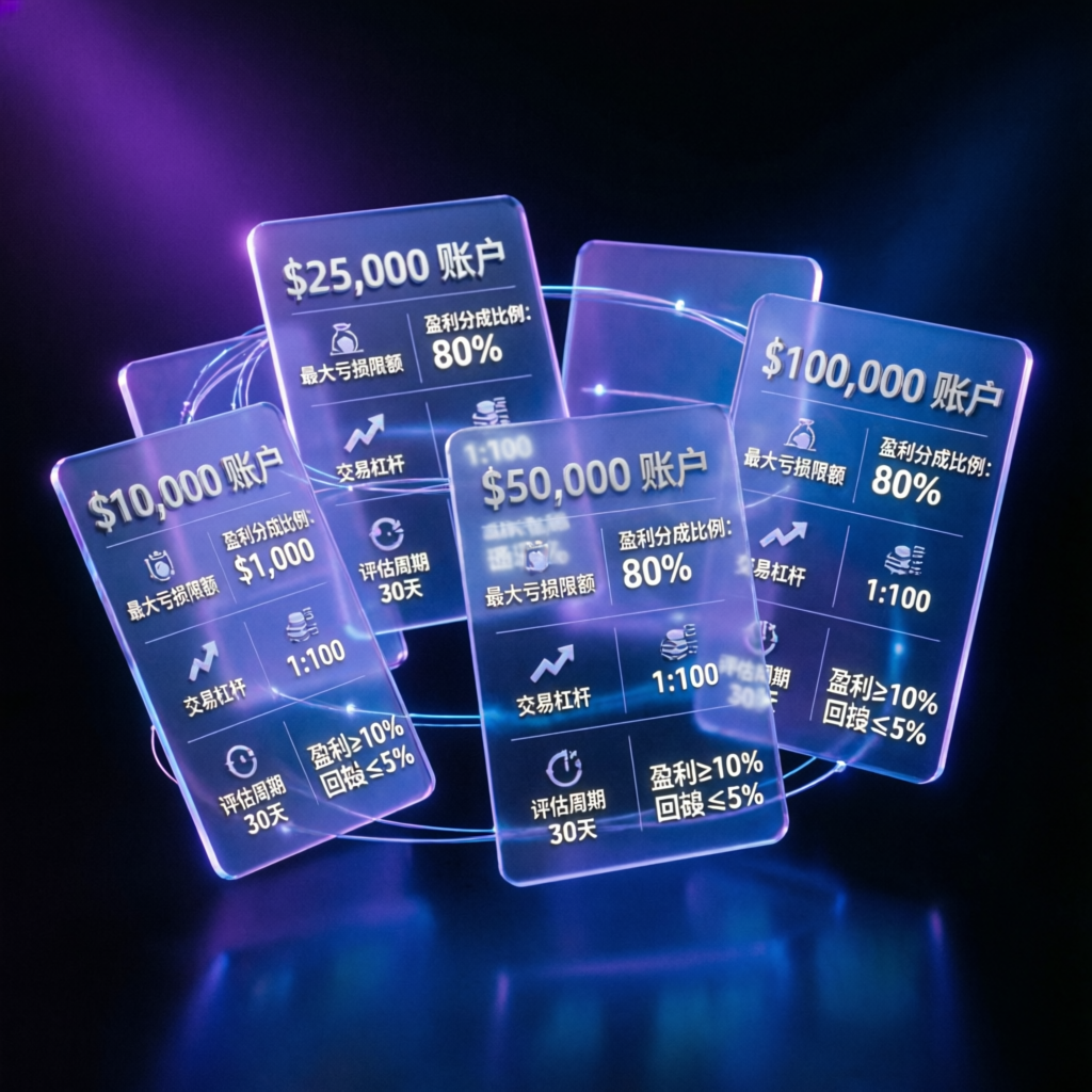 Prop firm comparison matrix with holographic cards showing different account sizes