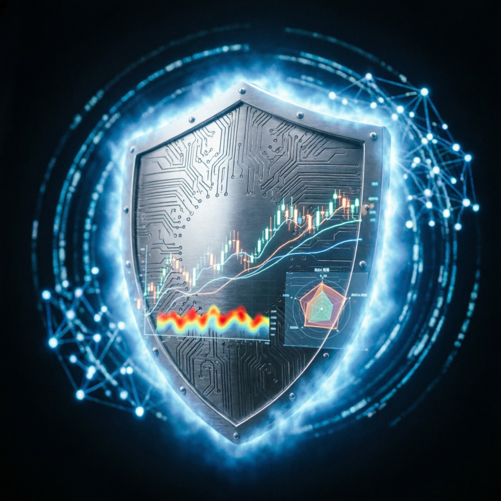Risk management visualization with shield protecting trading capital
