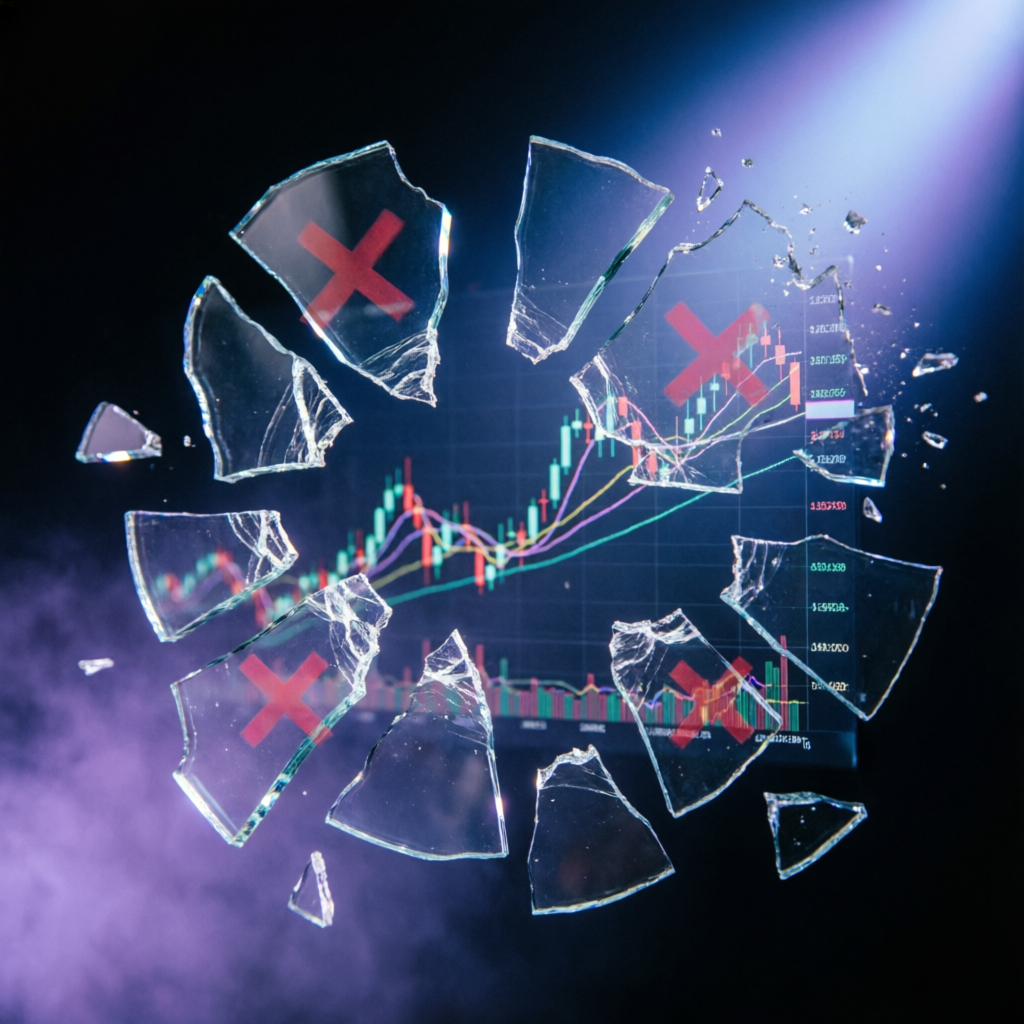 Myth busting concept with shattered glass and trading charts