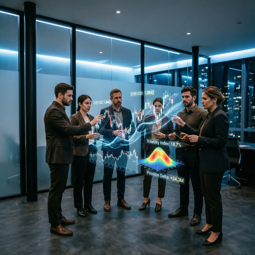 Team of professional traders collaborating around holographic trading data