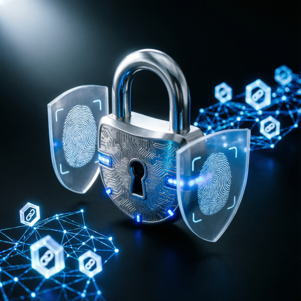 Trust and security concept with digital lock and verification shields