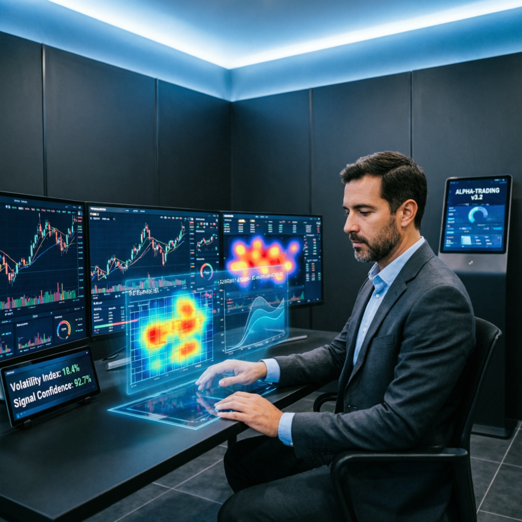 Professional trader analyzing multiple screens with AI assistance