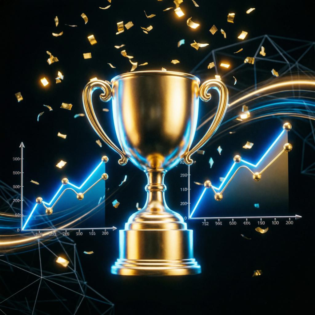 Success celebration with golden trophy and profit charts