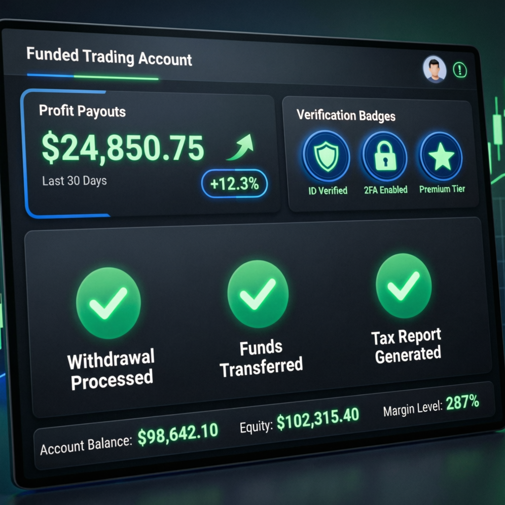 Funded trading account dashboard showing profit payouts and verification badges