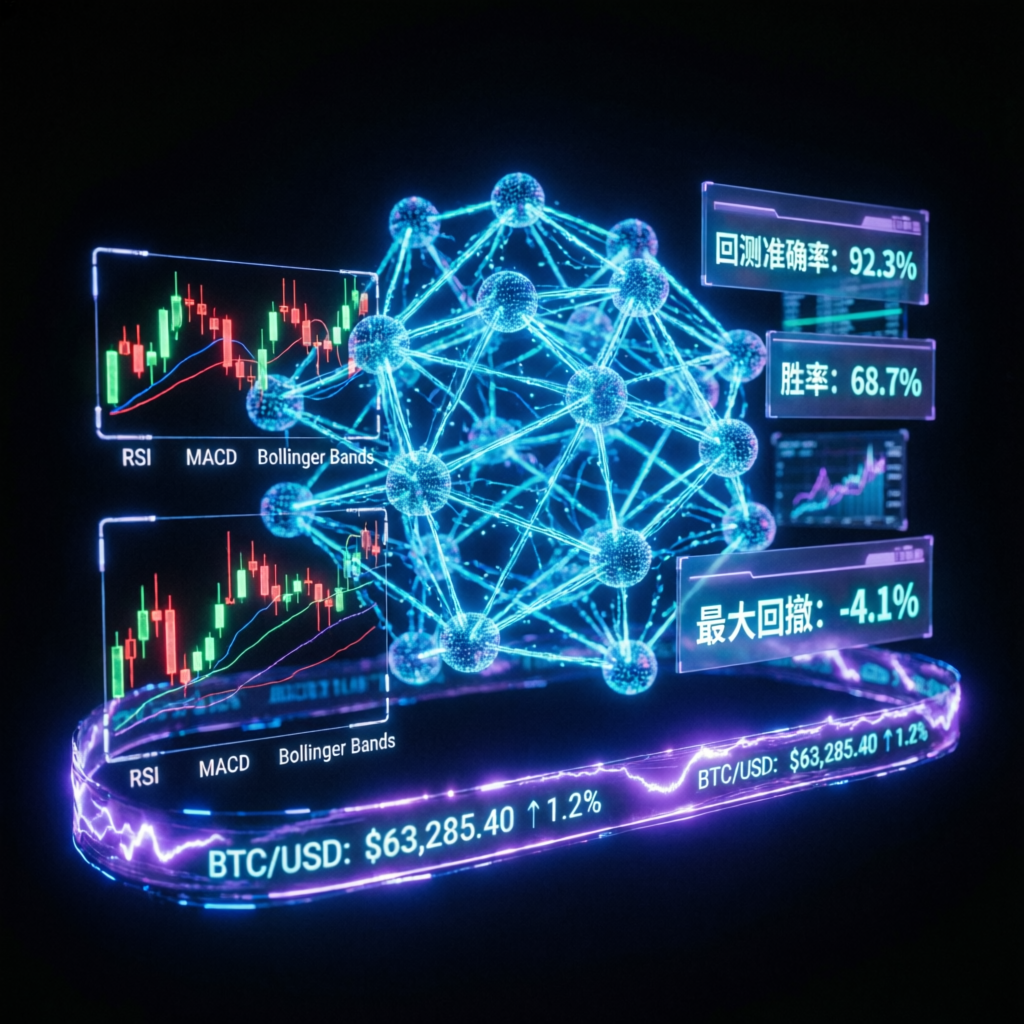 Trading strategy blueprint with AI neural network connections and technical indicators
