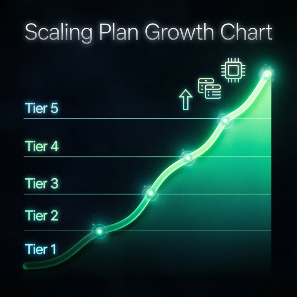 Scaling plan growth chart showing tier progression from Tier 1 to Tier 5 with upward trajectory