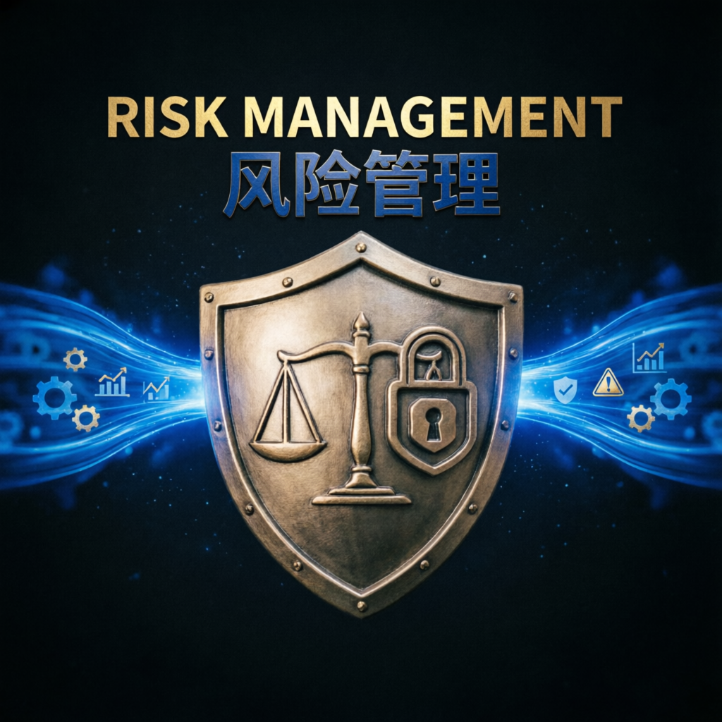 Risk management shield with balance scale representing Topstep trading rules and compliance