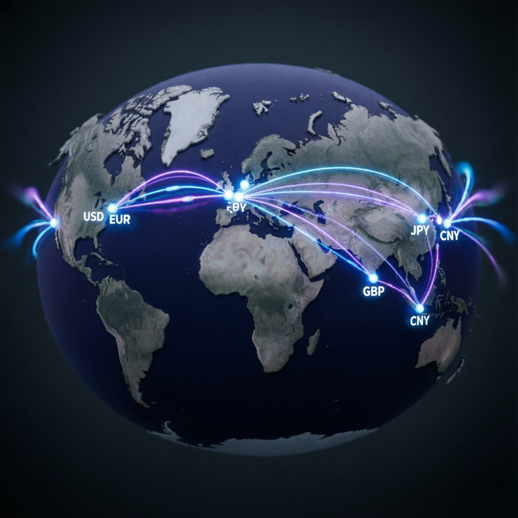Global forex market visualization with world map and currency connections showing international trading