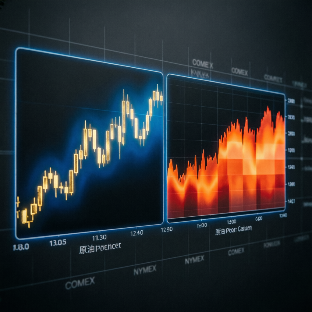 Futures trading charts showing COMEX and NYMEX data with candlestick patterns