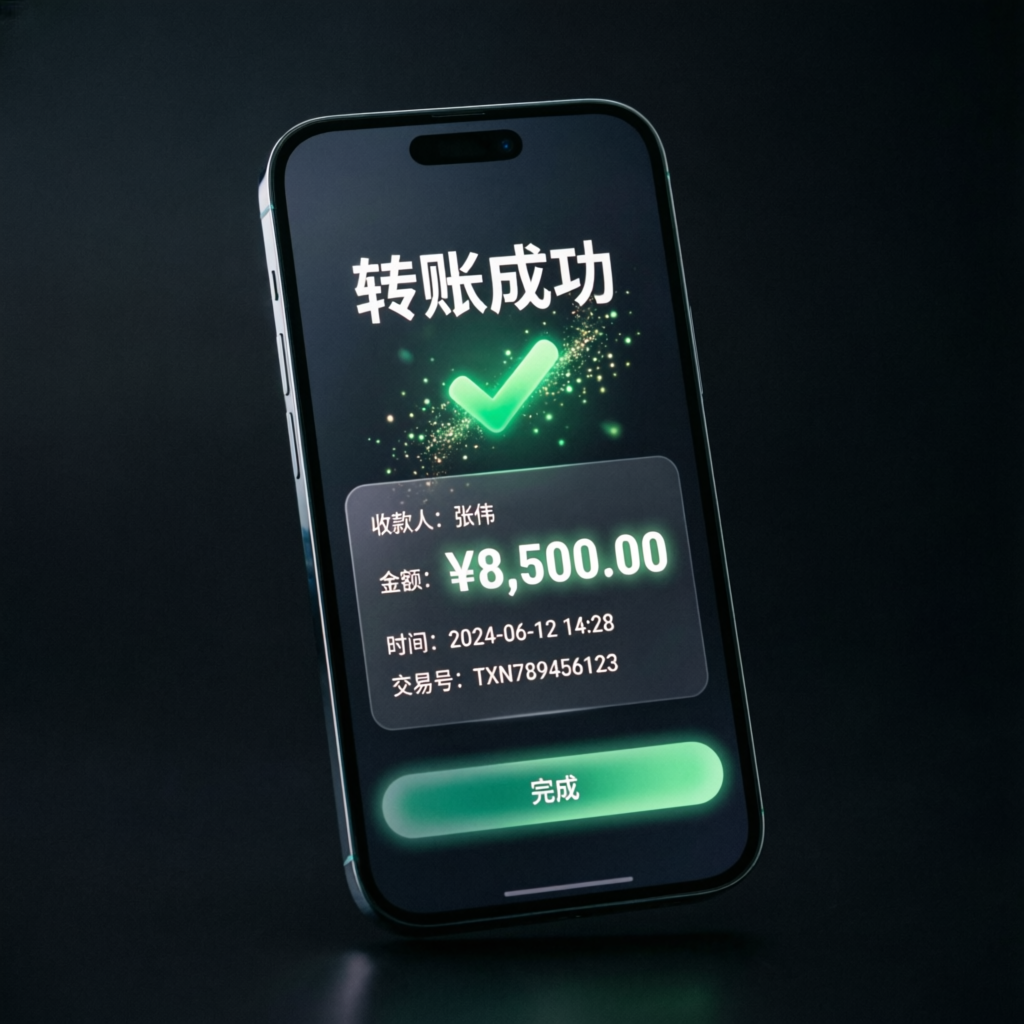 Mobile phone showing successful payout transfer notification with green checkmark
