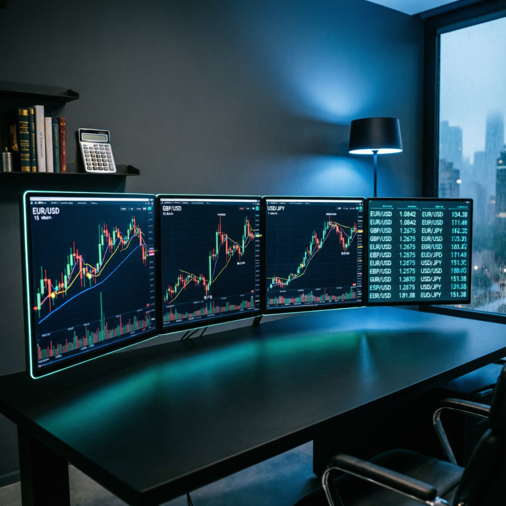 Professional forex trader workspace with multiple monitors showing trading charts and data