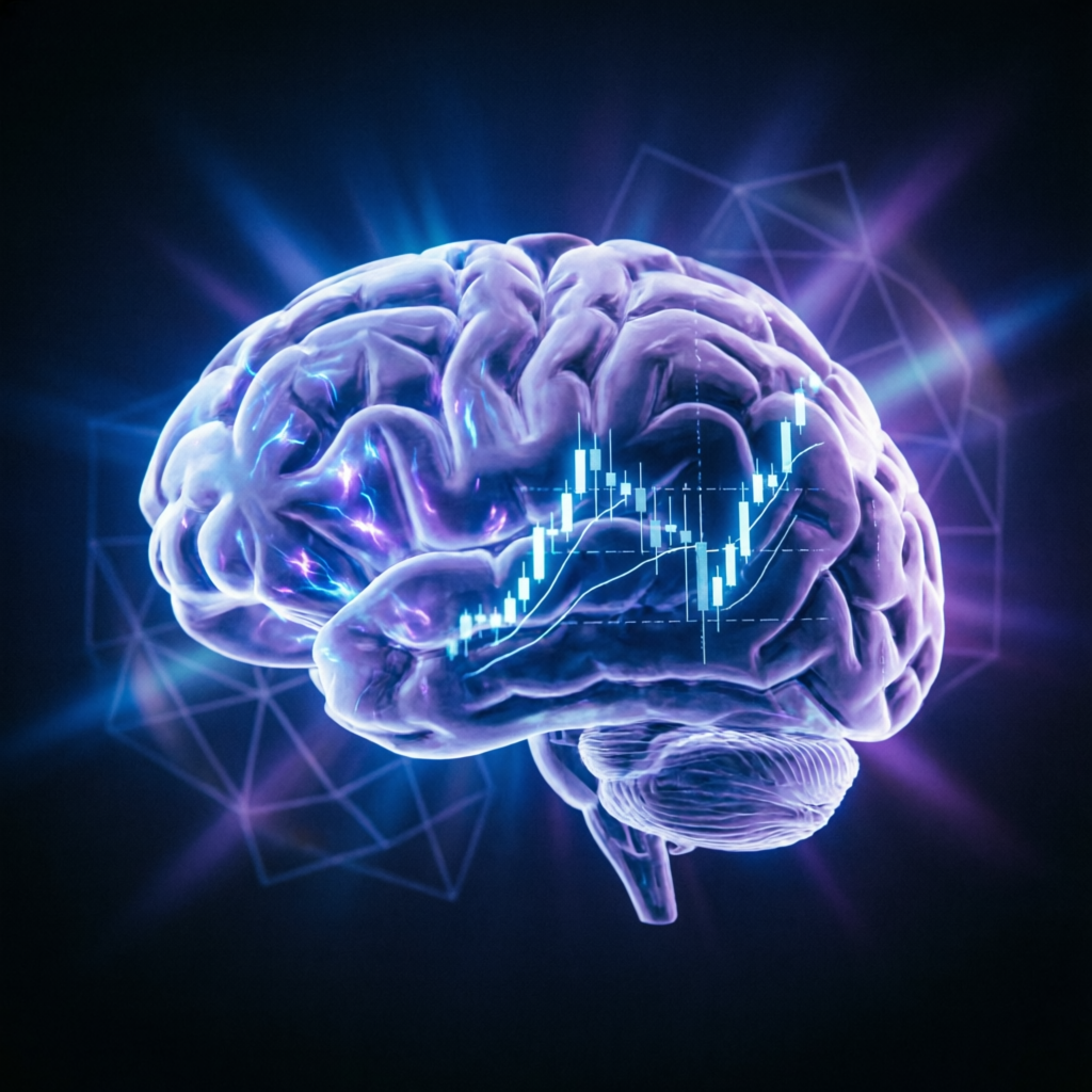 Human brain with trading chart overlay representing trading psychology and mental discipline