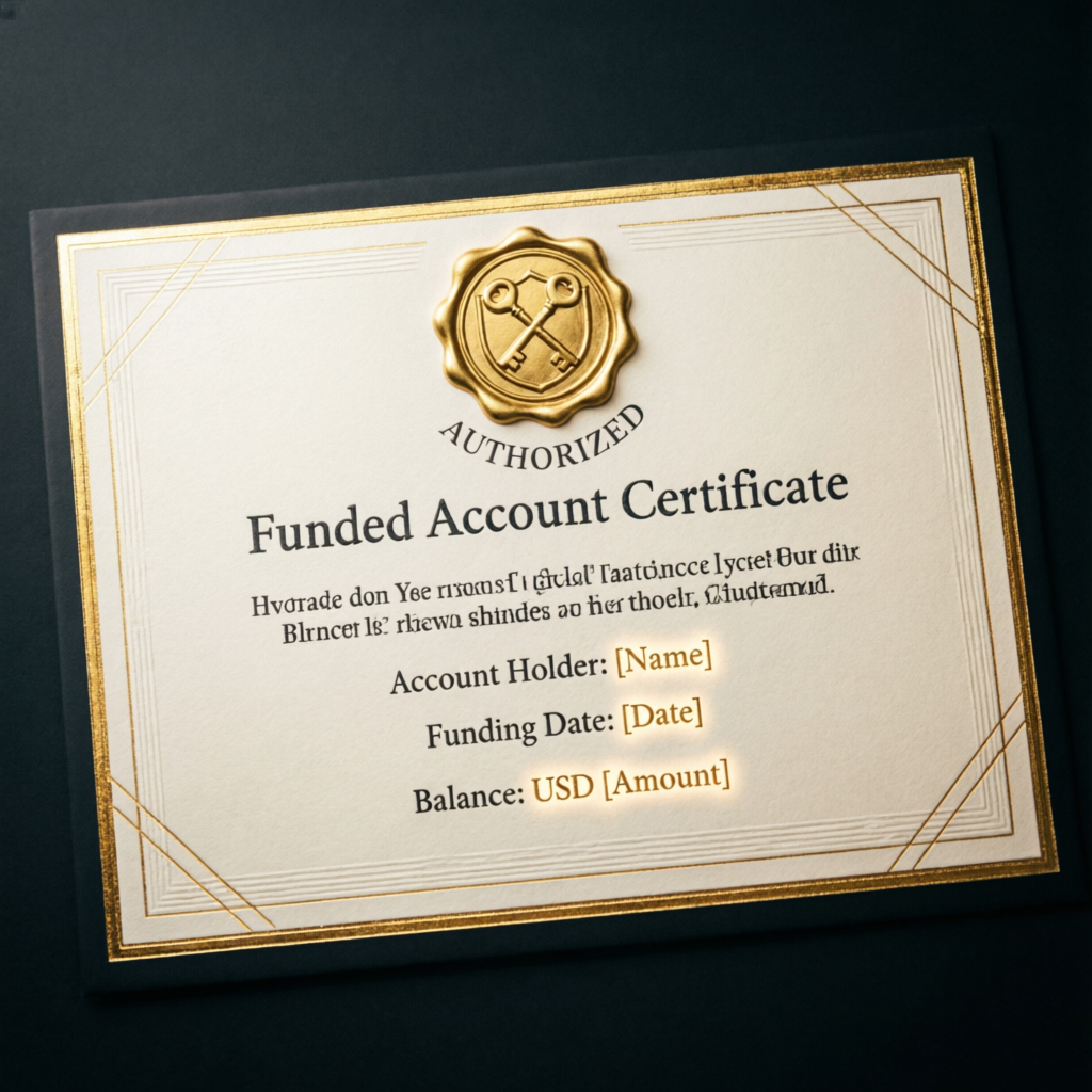 Premium funded account certificate with golden seal representing Topstep trading success