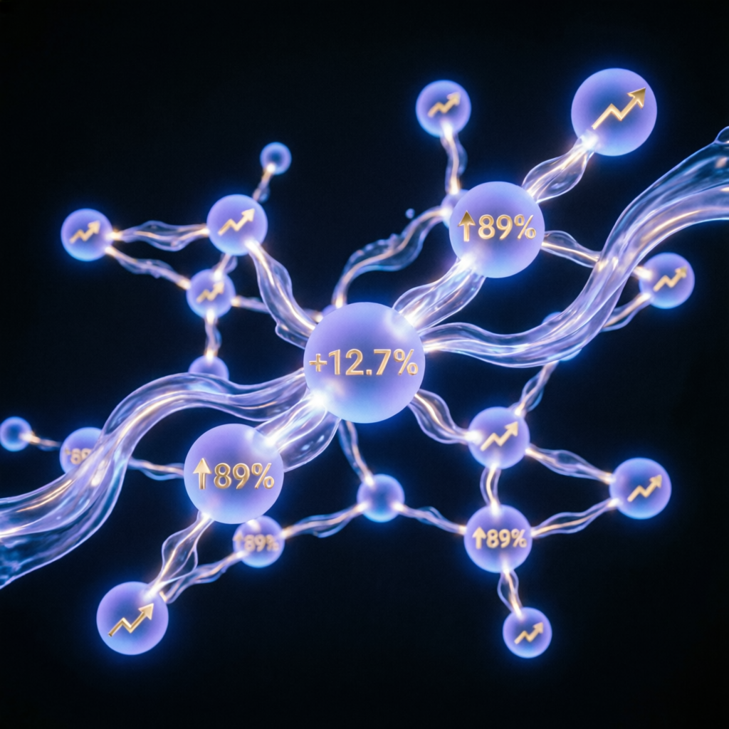 Abstract financial growth visualization with network nodes representing trading success and expansion