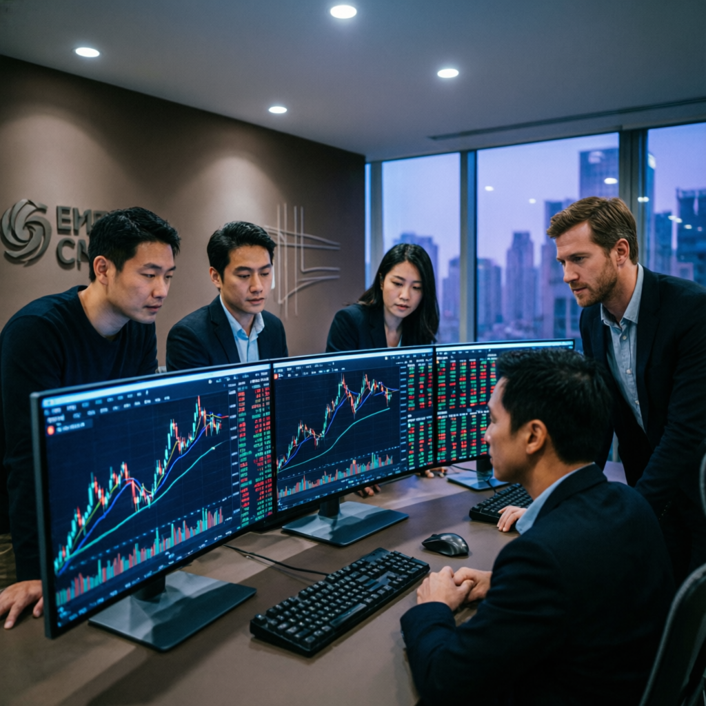 Professional team of forex traders collaborating on trading strategies in modern office