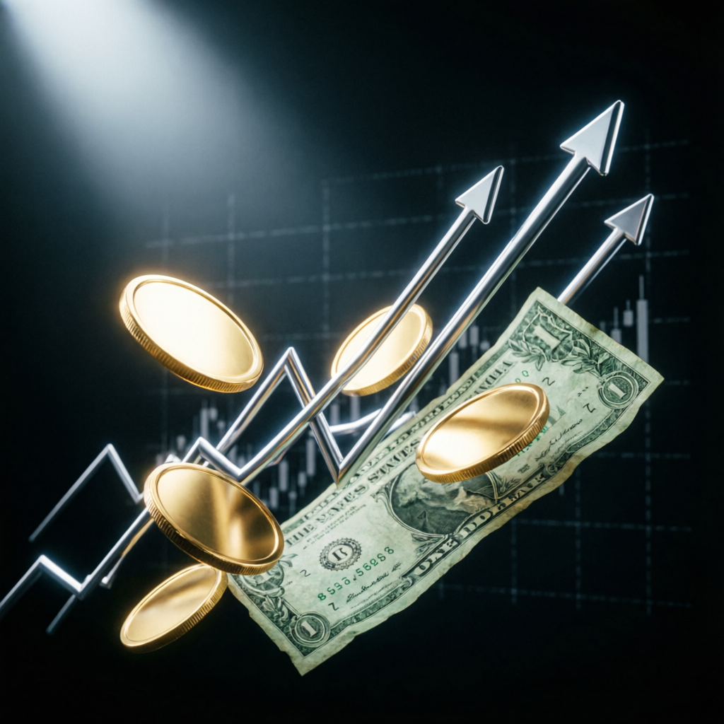 Financial growth visualization with golden coins and upward trending arrows representing Topstep payouts