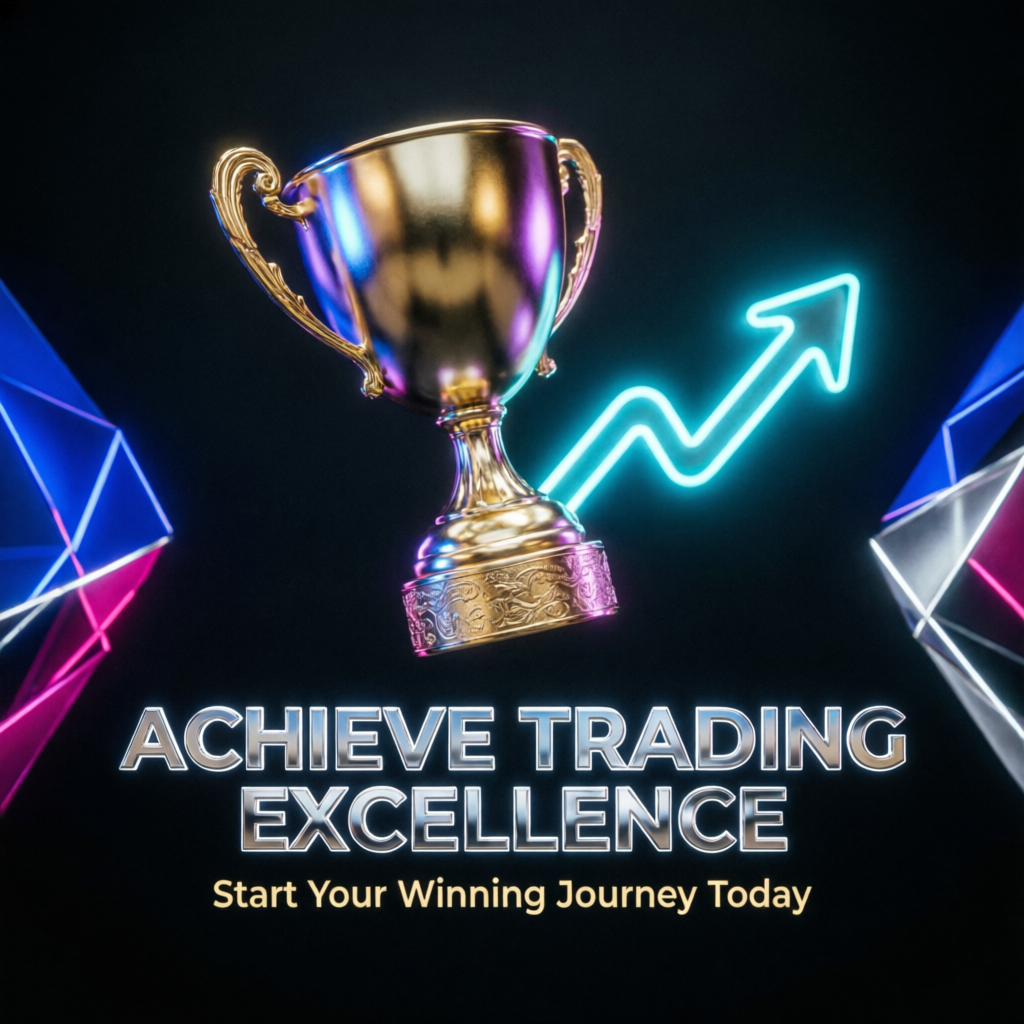 Golden trophy with upward trending arrow representing trading excellence and success