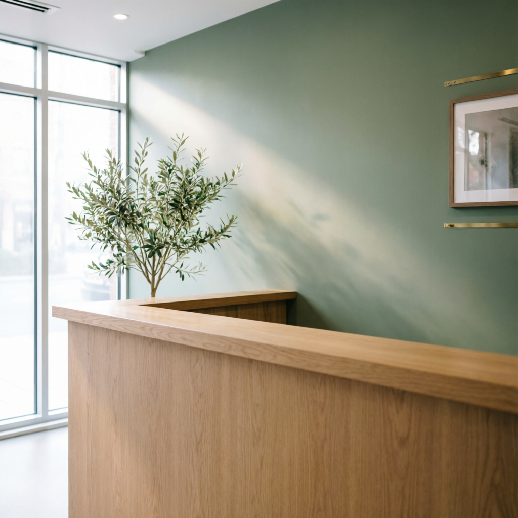 Calm reception area of the clinic with sage green walls, oak desk and soft daylight