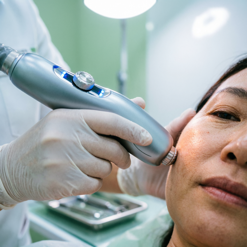 Dermatologist's gloved hands performing a laser treatment on a patient's cheek