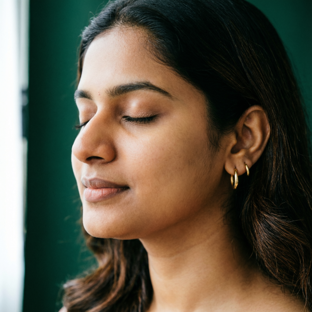 Close profile portrait of a woman with clear, healthy glowing skin against a deep green backdrop
