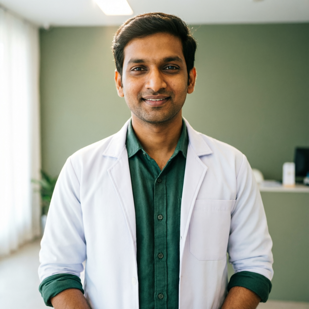 Portrait of Dr. Sanoof Mohammed Saly in a white clinical coat