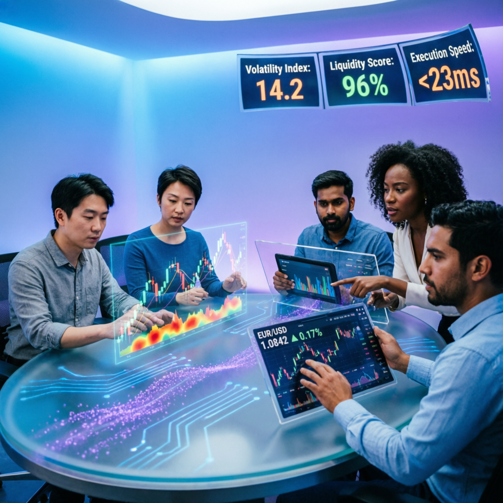 Professional forex trading team analyzing market data and charts