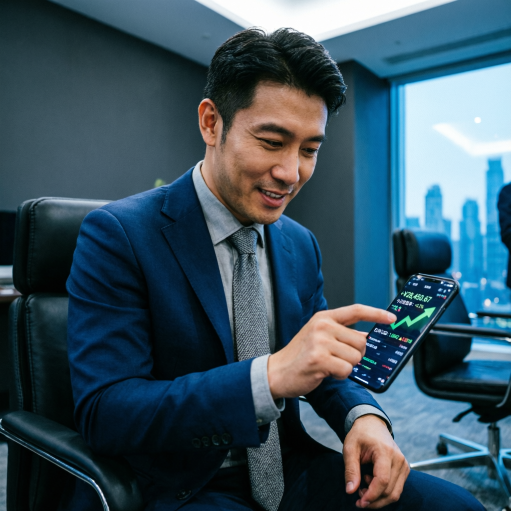 Trader checking profits on smartphone
