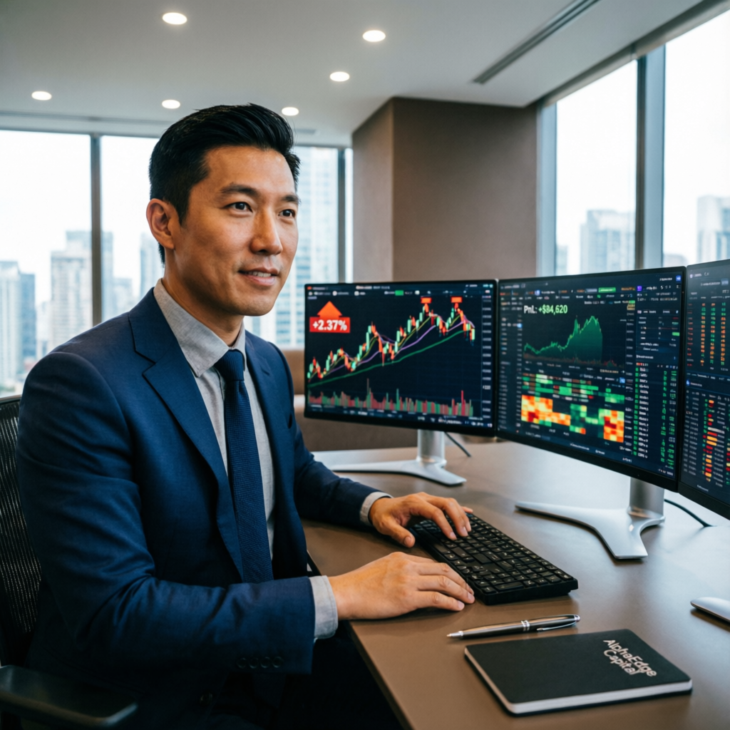 Professional prop trader with multiple monitors showing profitable trading charts - prop firm challenge passing service