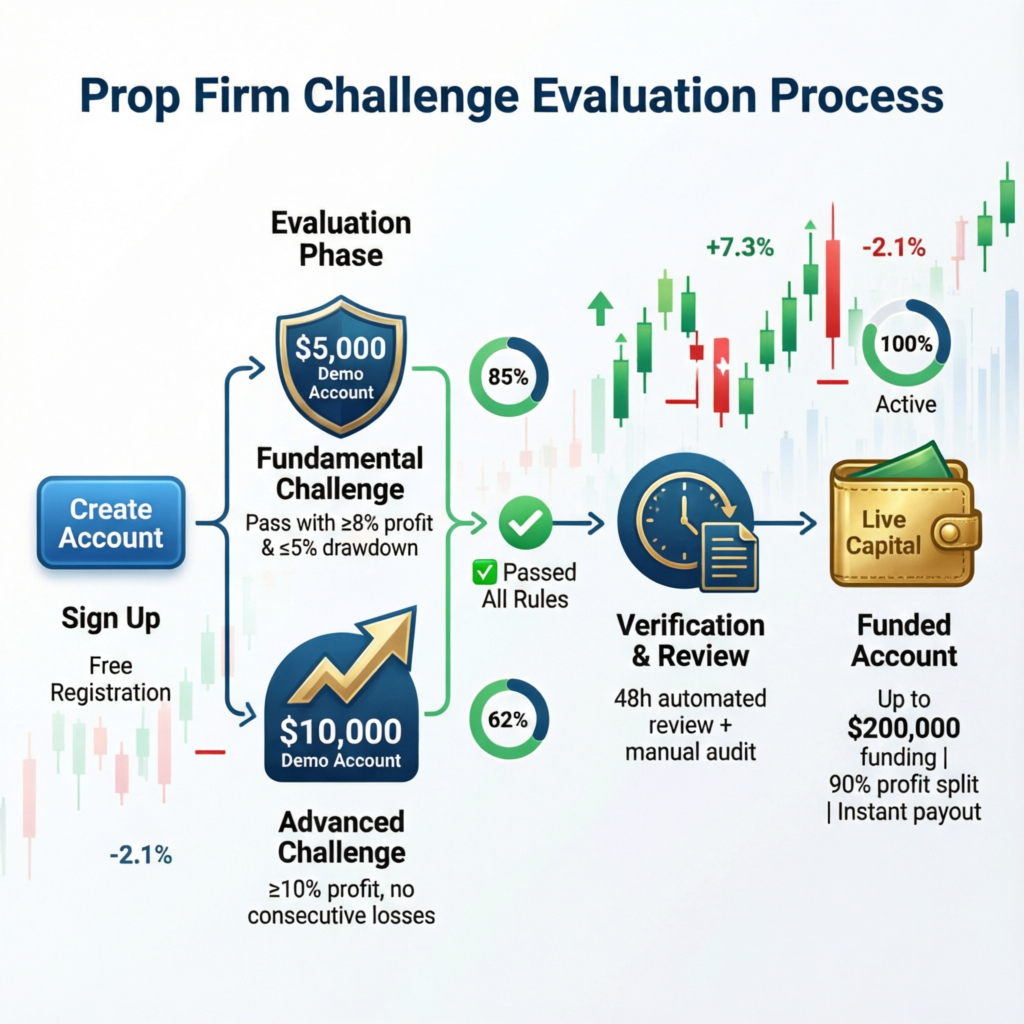 Prop firm challenge evaluation process - from sign up to funded account