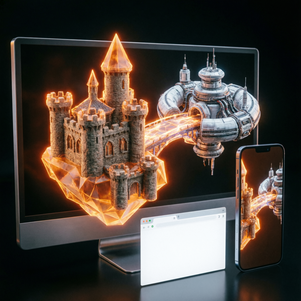 Кроссплатформенные игры — голографический замок и космическая станция, парящие над монитором ПК, браузером и смартфоном