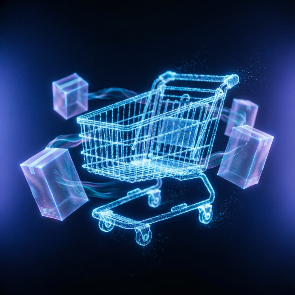 Высоконагруженный E-commerce — светящаяся корзина из частиц данных