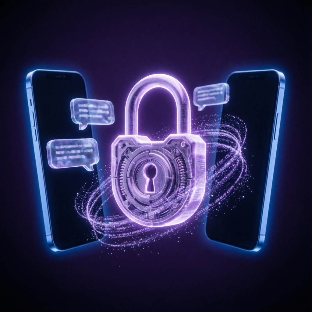 Защищённый мессенджер — два смартфона с голографическим замком E2E-шифрования и чат-пузырями