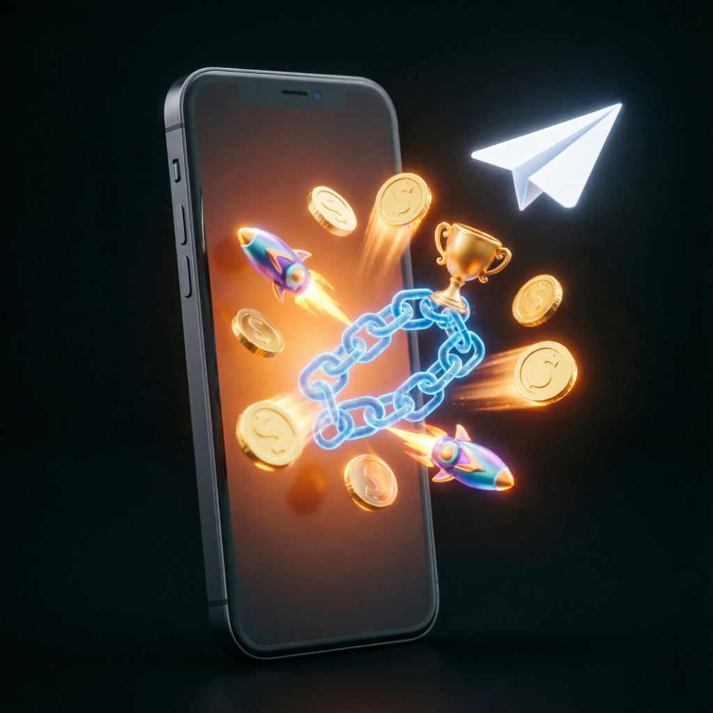Telegram WebApp игры — смартфон с вылетающими из экрана золотыми монетами, ракетами, кубком и бумажным самолётиком