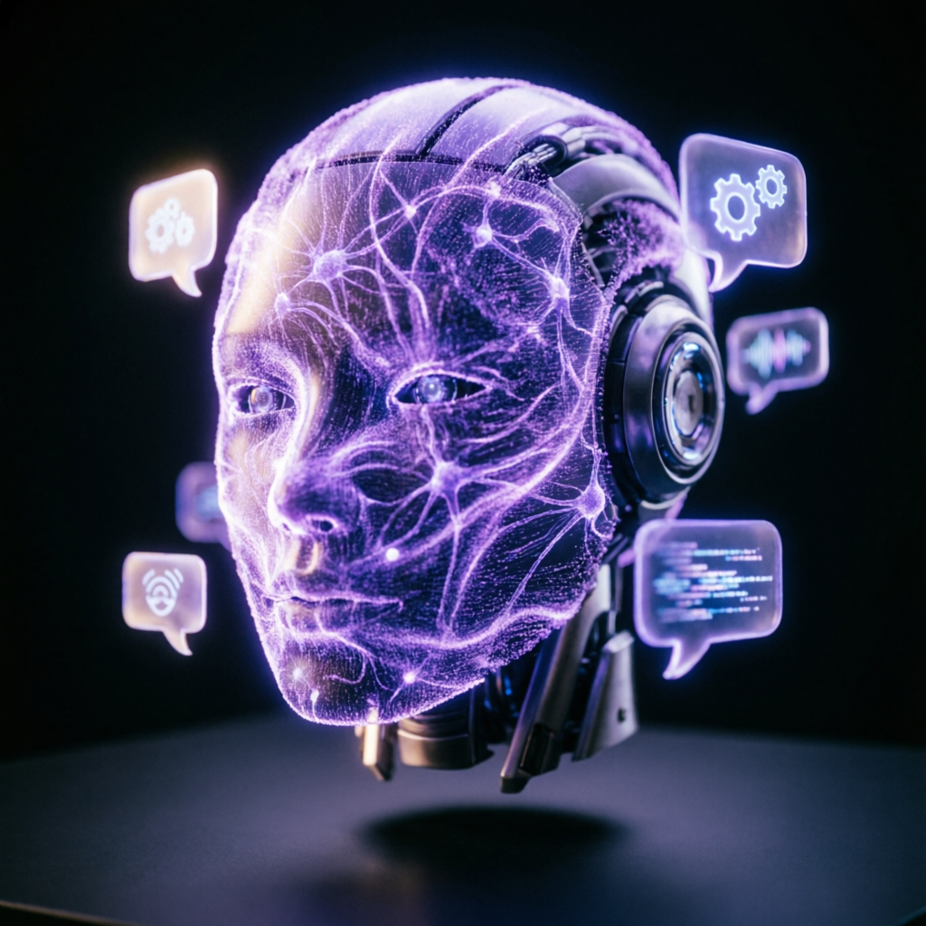 Нейро-бот NaumovLabs — голографическая ИИ-голова с диалоговыми окнами